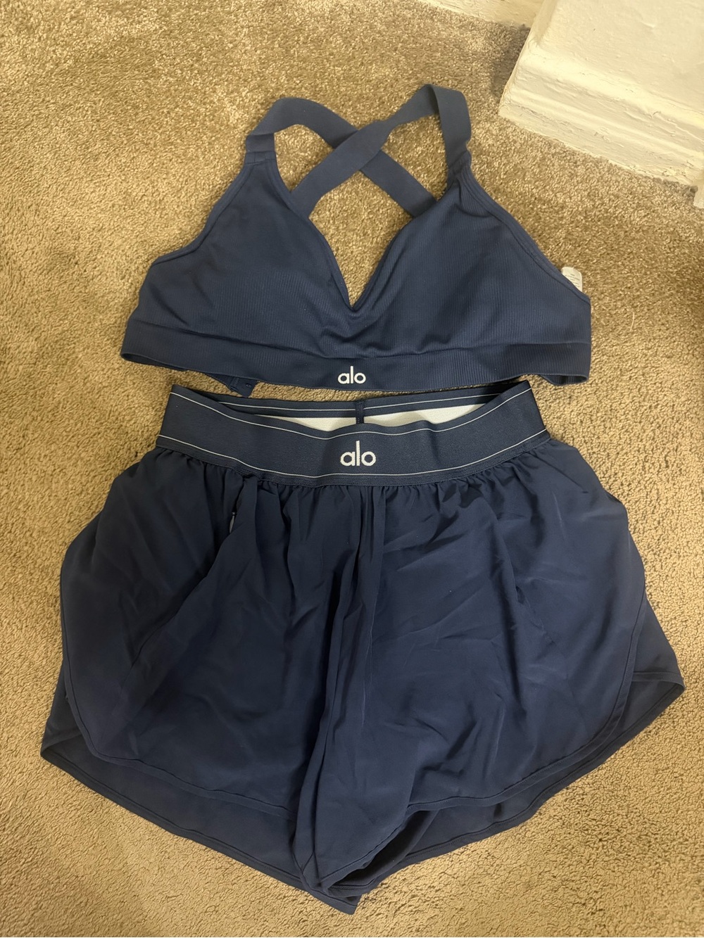 Alo Navy Crossback Sports Bra & Short Set